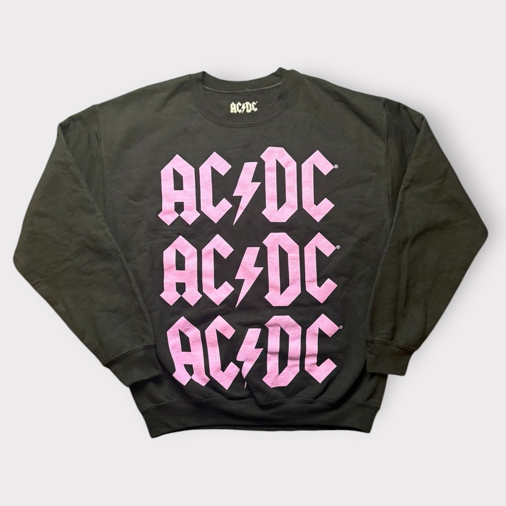 AC/DC Sweatshirt Mens Medium Black Pink Stacked Logo Crewneck Rock Band Graphic